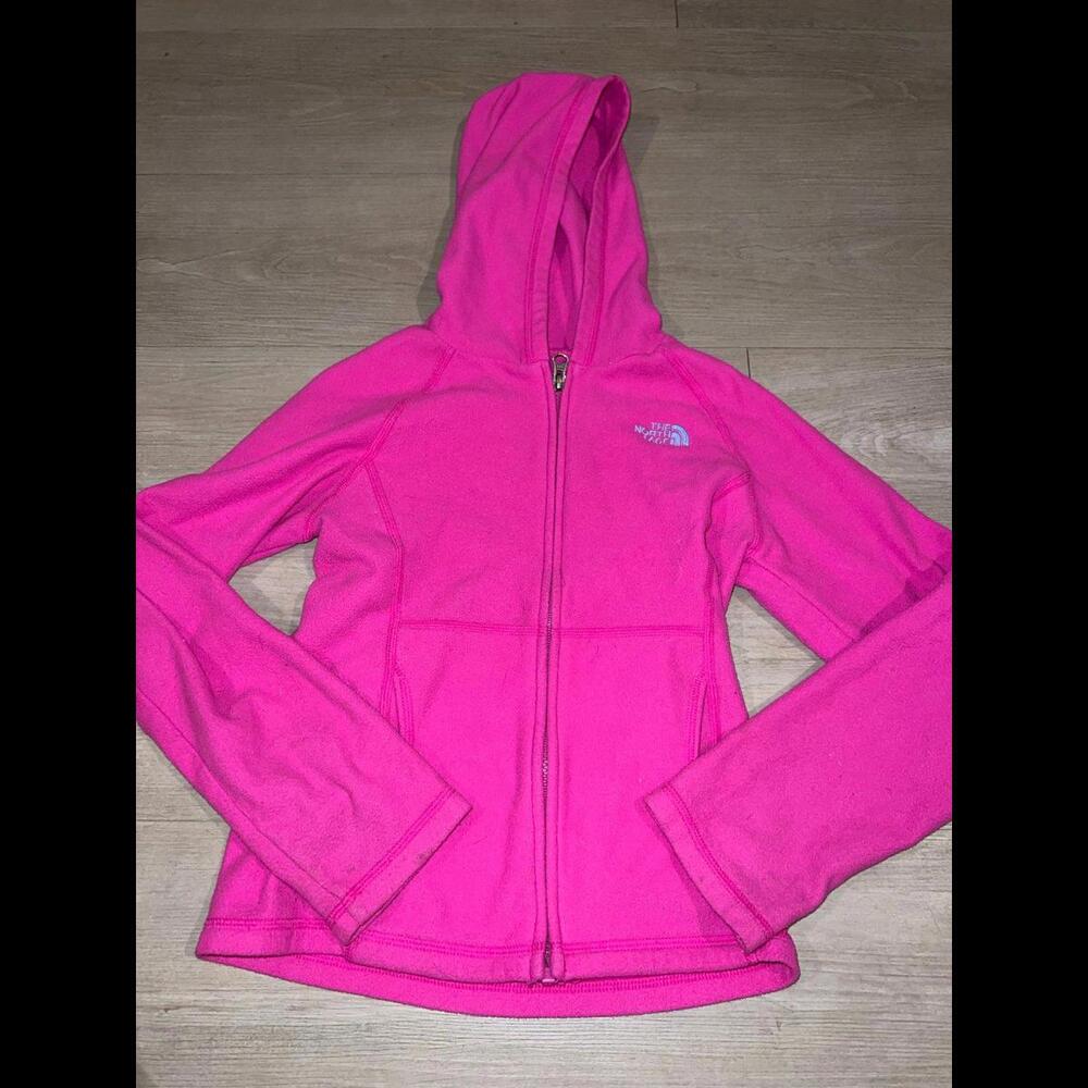 The North face girls magenta zip jacket hooded sz 7/8 -see pictures